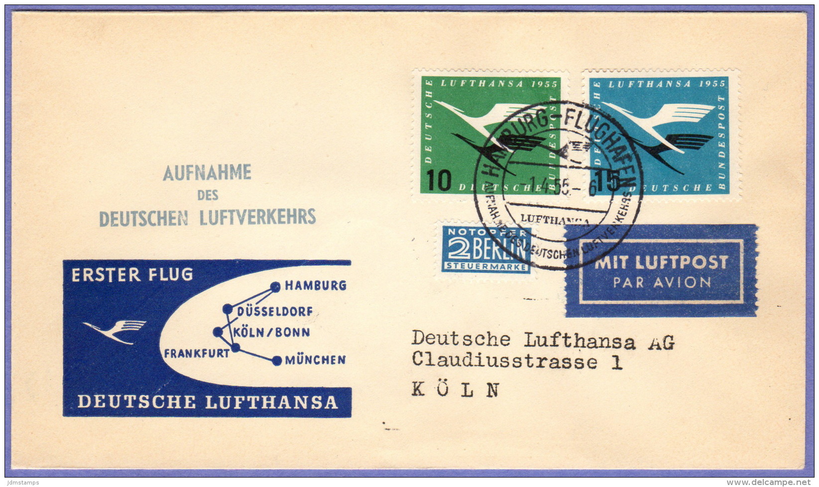 GER SC #C62-3 + "NOTOPFER" FFLT Lufthansa: Hamburg To Koln  04-01-1955 - Other & Unclassified