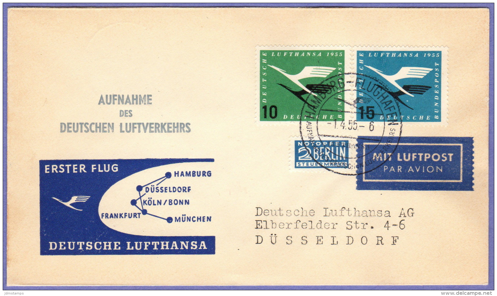 GER SC #C62-3 + "NOTOPFER" FFLT Lufthansa: Hamburg To Dusseldorf  04-01-1955 - Sonstige & Ohne Zuordnung