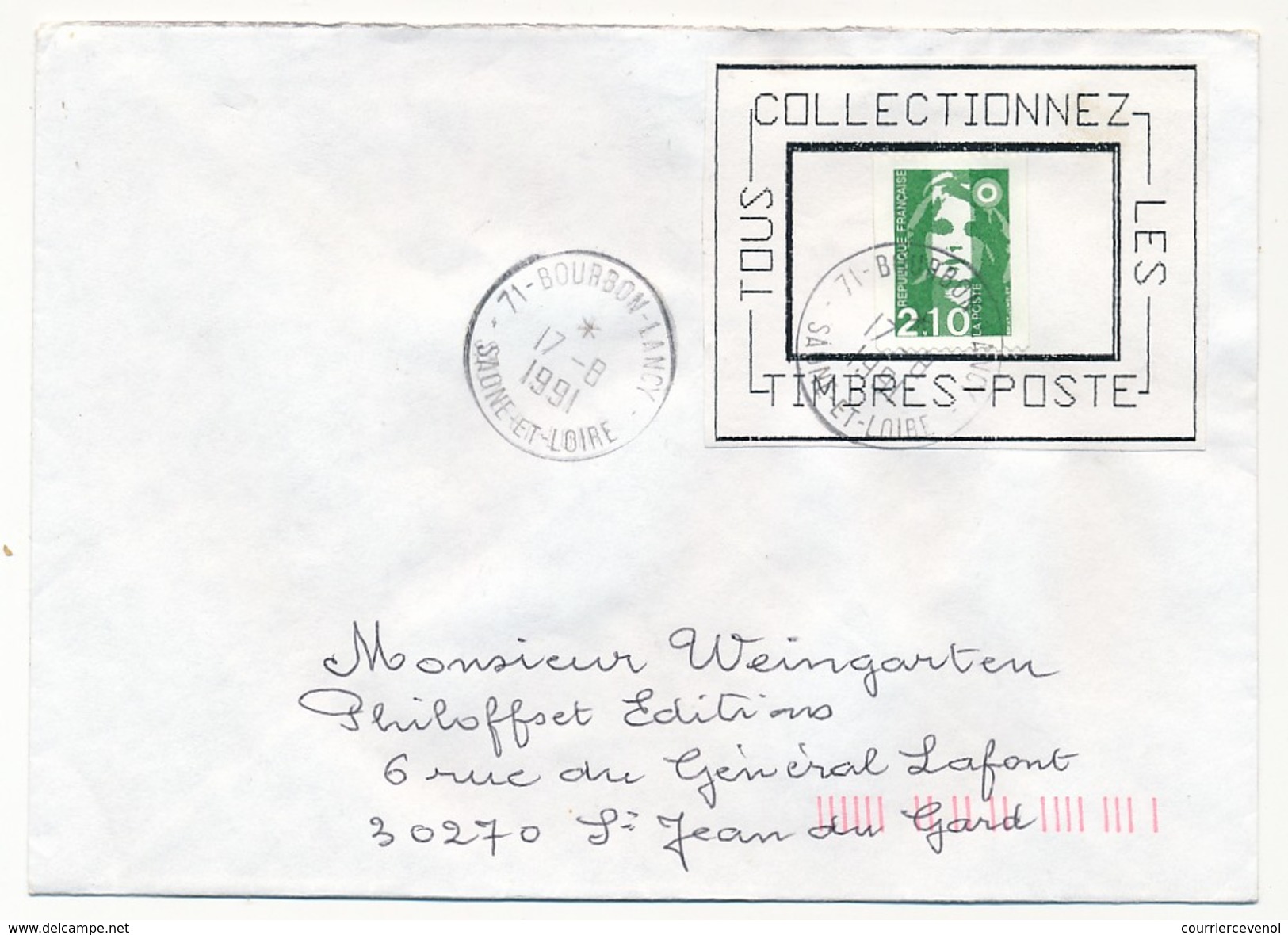 FRANCE => Envel. Avec Porte Timbre Artisanal "Collectionnez Les Timbres Poste" - 71 Bourbon Lancy 1991 - Covers & Documents