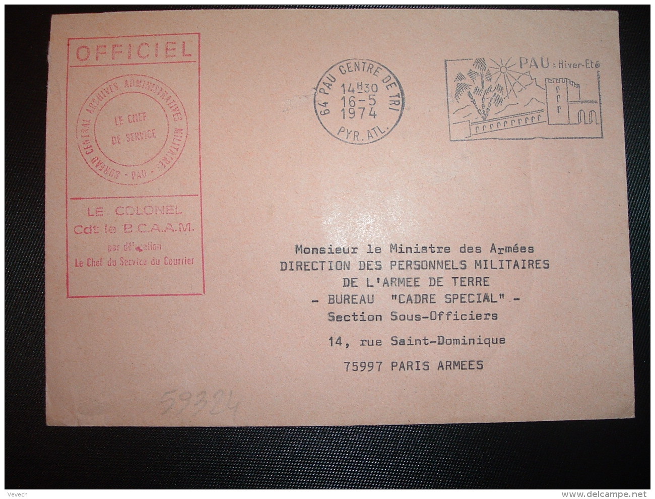 LETTRE OBL.MEC.16-5-1974 PAU CENTRE DE TRI (64 PYRENEES ATLANTIQUES) BUREAU CENTRAL ARCHIVES ADMINISTRATIVES MILITAIRES - Military Postmarks From 1900 (out Of Wars Periods)