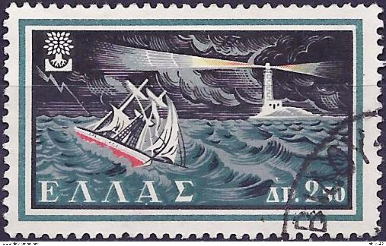 Greece 1960 - Lighthouse And Boat In The Storm ( Mi 724 - YT 703 ) - Phares