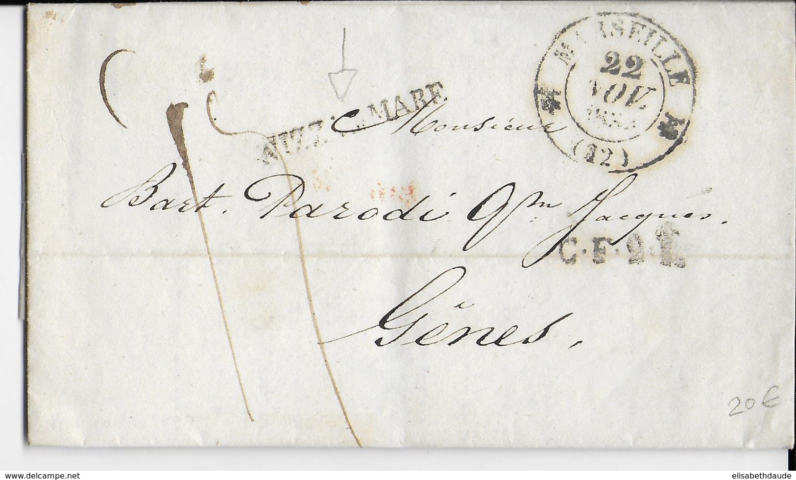 1833 - LETTRE De MARSEILLE Avec T13 + MARQUE TRANSIT MARITIME NIZZA MARE (NICE) => GENES (ITALIE) - 1801-1848: Precursori XIX