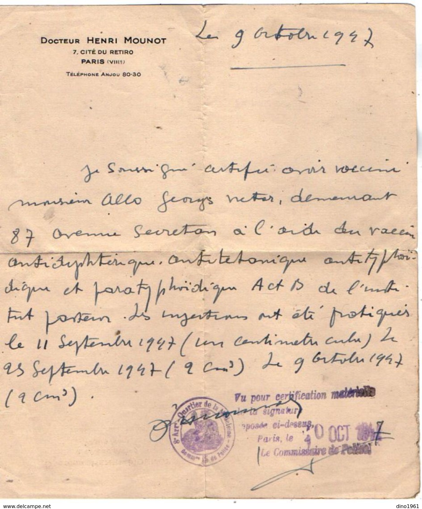 VP10.784 - Police - Lettre - Docteur Henri MOUNOT à PARIS Cité Du Retiro - Polizia