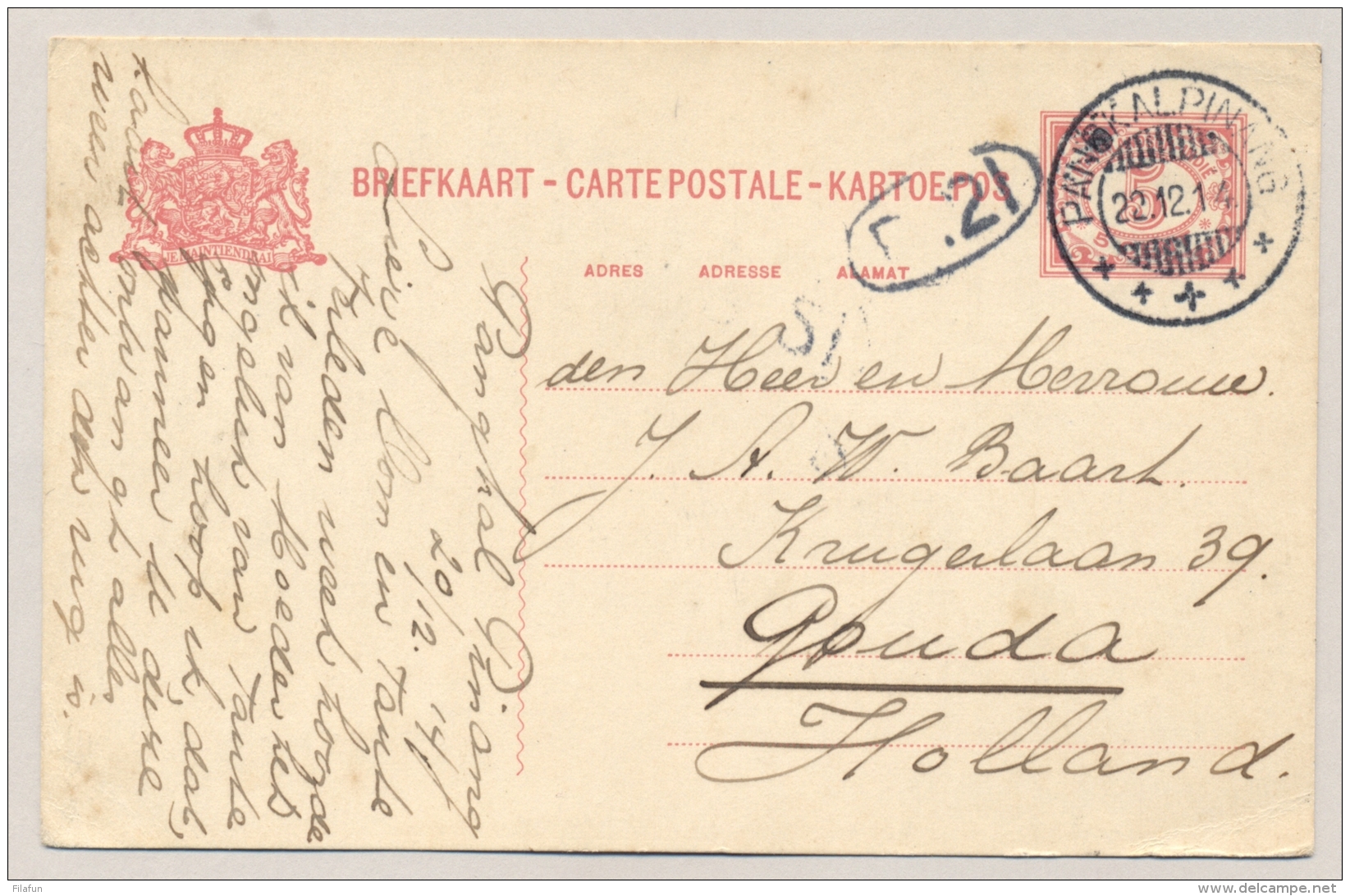 Nederlands Indië - 1914 - 5 Cent Briefkaart Van KB PANGKALPINANG Naar Gouda / Nederland - Nederlands-Indië