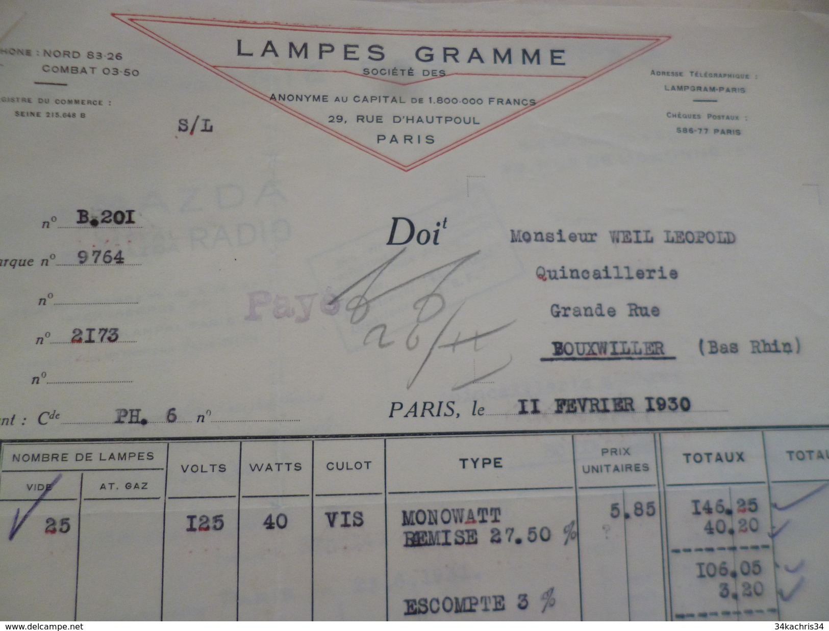 Facture 11/02/1930 Lampes Gramme Paris - 1900 – 1949