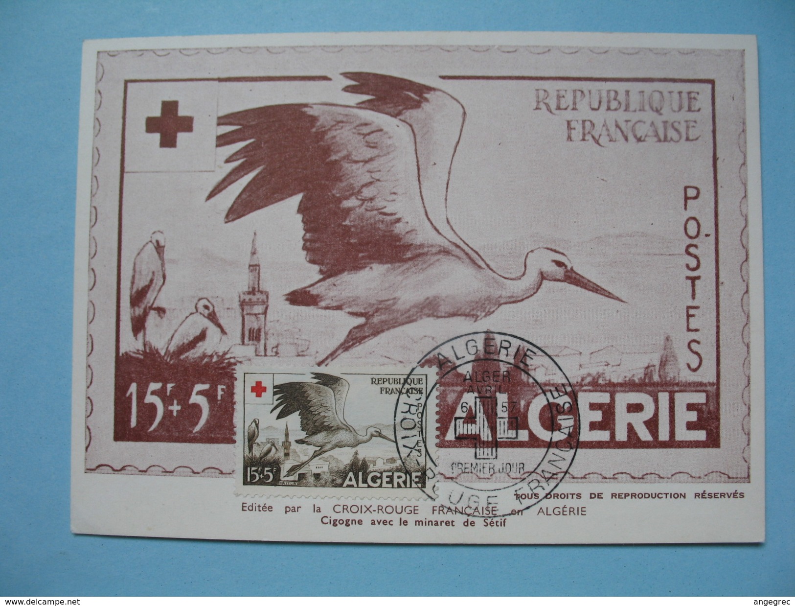 Carte Maximum  Algérie  1957   Au Profit De La Croix Rouge  Cigogne Sur Sétif - Cartoline Maximum