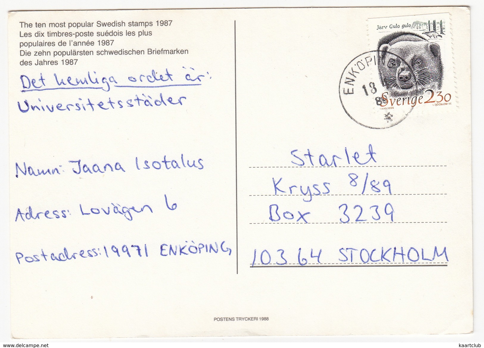 Sweden 1987: De Tio Populäraste Frimärkena 1987 - The Ten Most Popular Swedish Stamps - Postzegels (afbeeldingen)