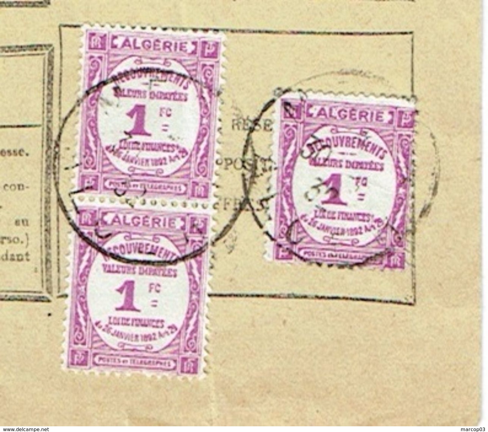 Bordereau De Recouvrement Taxé à 3 Francs Pour 3 Valeurs Non Recouvrées Taxe Lilas 1 Franc AlgérieX3  Médéa 30/11/32 TTB - Algérie (1962-...)