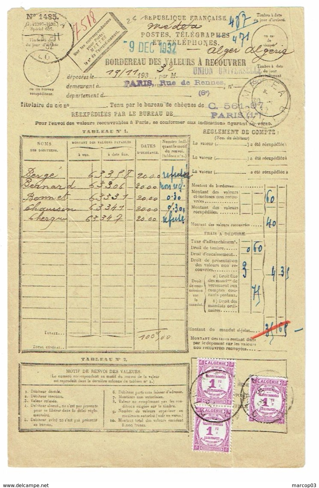 Bordereau De Recouvrement Taxé à 3 Francs Pour 3 Valeurs Non Recouvrées Taxe Lilas 1 Franc AlgérieX3  Médéa 30/11/32 TTB - Algérie (1962-...)