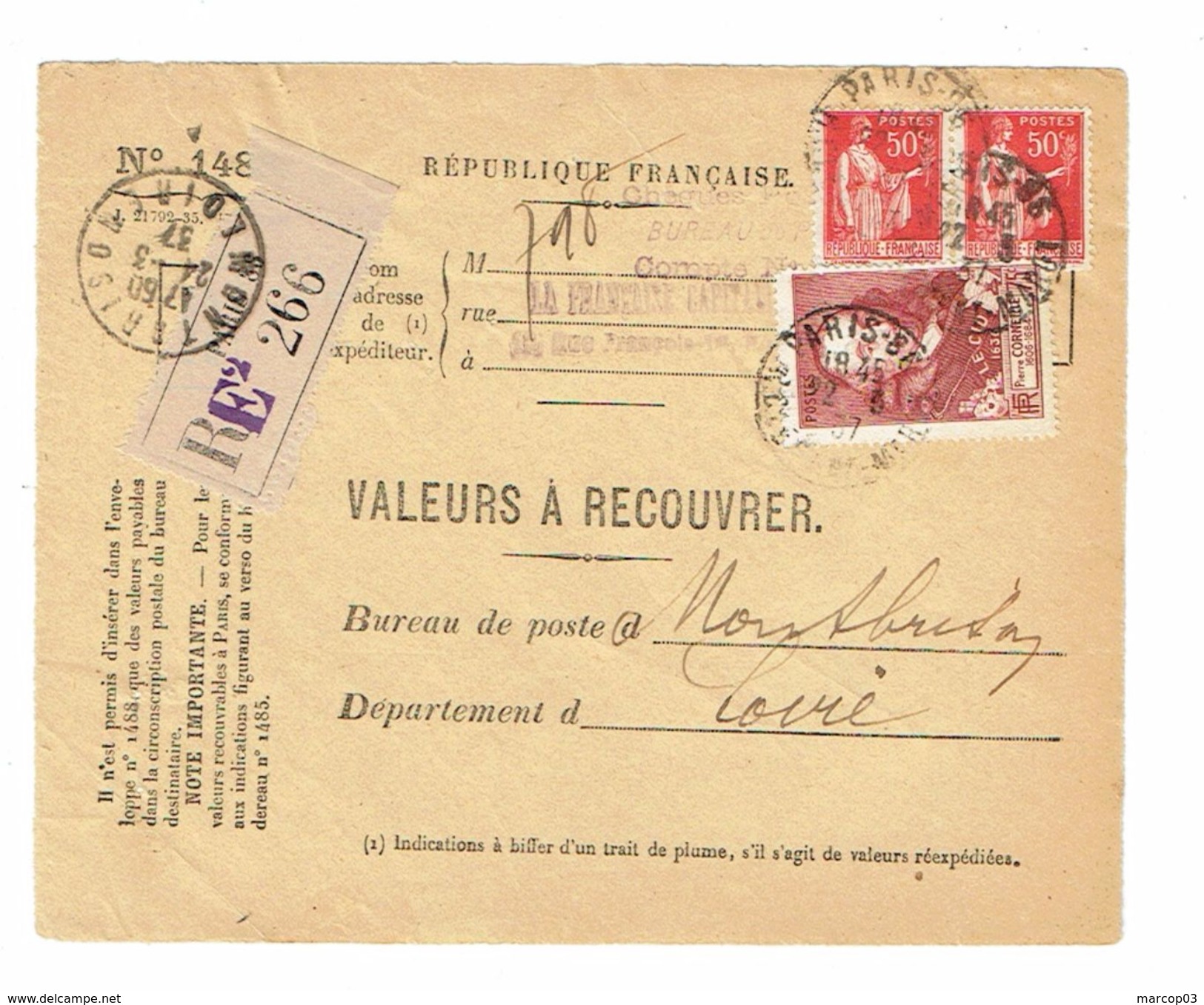 Devant D'enveloppe De Valeurs à Recouvrer Paris 22/03/1937 Timbre 75c Corneille + 50 C  X 2 Paix TTB - 1921-1960: Periodo Moderno