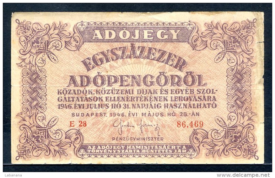 455-Hongrie Ministère Des Finances Billet De 100 000 Adopengo 5970/1946 E28 - Hungary