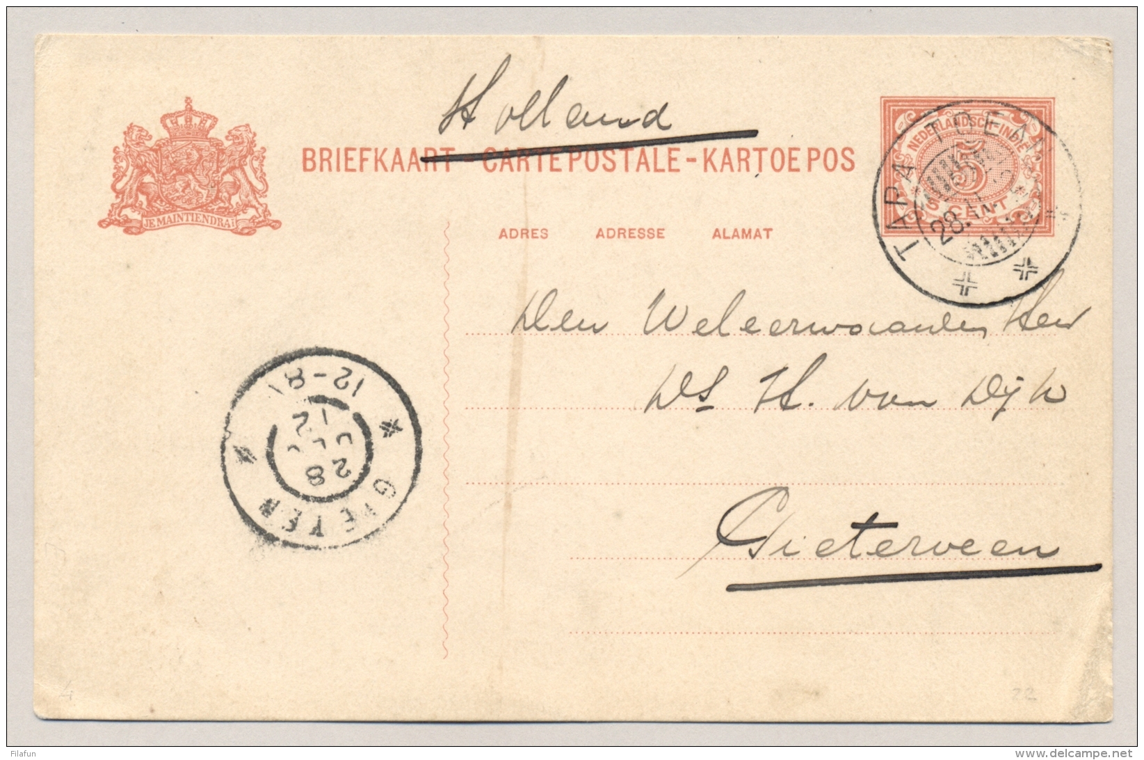 Nederlands Indië - 1912 - 5 Cent Briefkaart KB TAPA TOEAN Naar Gieterveen / Nederland - Nederlands-Indië