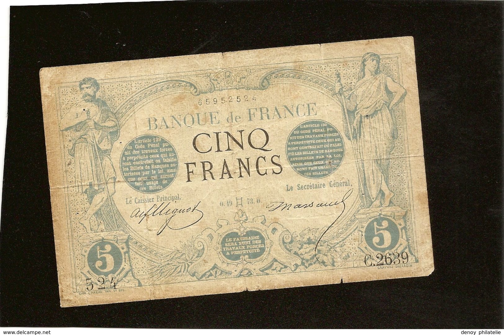 Billet France 5 Francs Noir Mai Gémaux 1873 Tb Plusieurs Plis, De Nombreux Trous D'epingle RRR - 5 F 1871-1874 ''Noir''