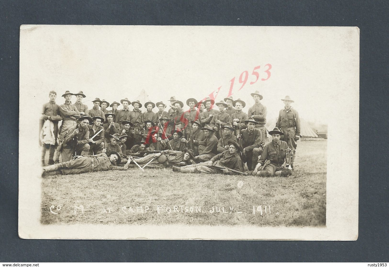 MILITARIA CARTE PHOTO MILITAIRE US ARMY SOLDIER AMERICAIN CAMP FORTSON JULY 1911 NON ECRITE : - Characters