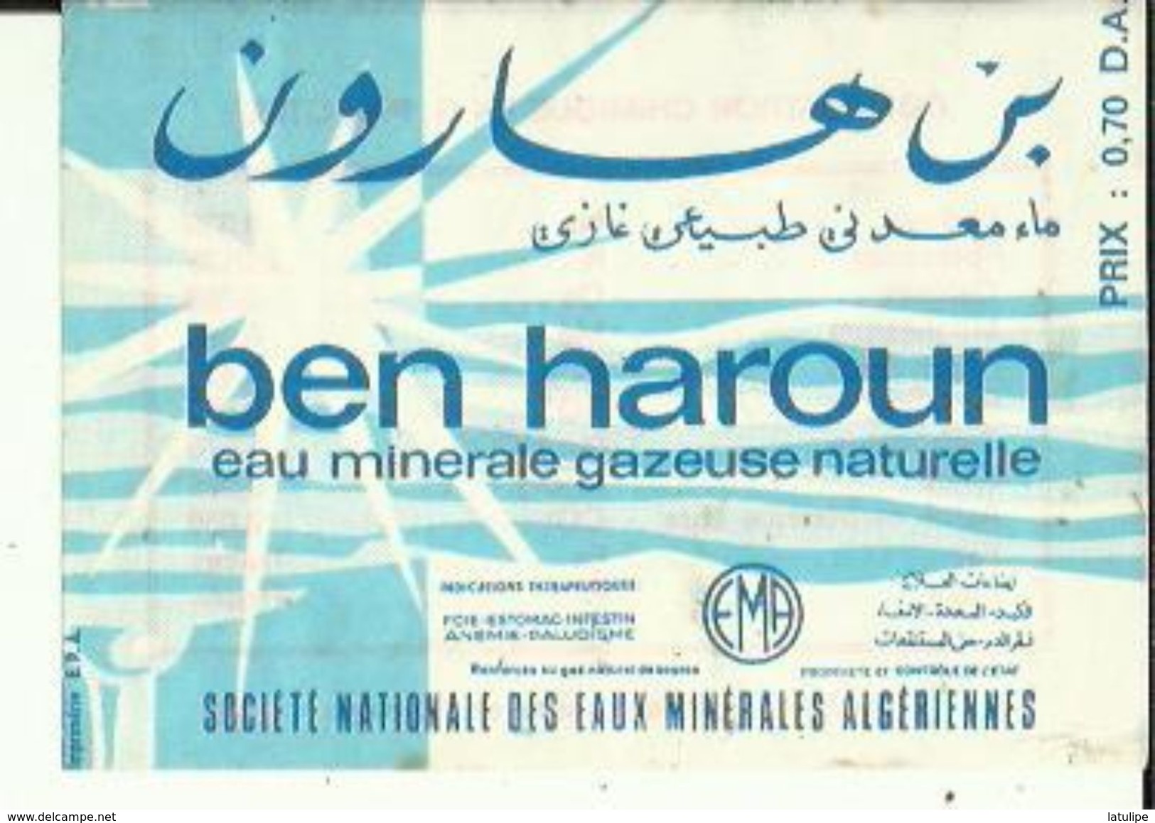Fiche-Etiquette De Publicité De Ben-Haroun_Eau Minerale Gazeuse Naturelle De Sté Nationale Des Eaux Algeriennes Voir Sca - Werbung
