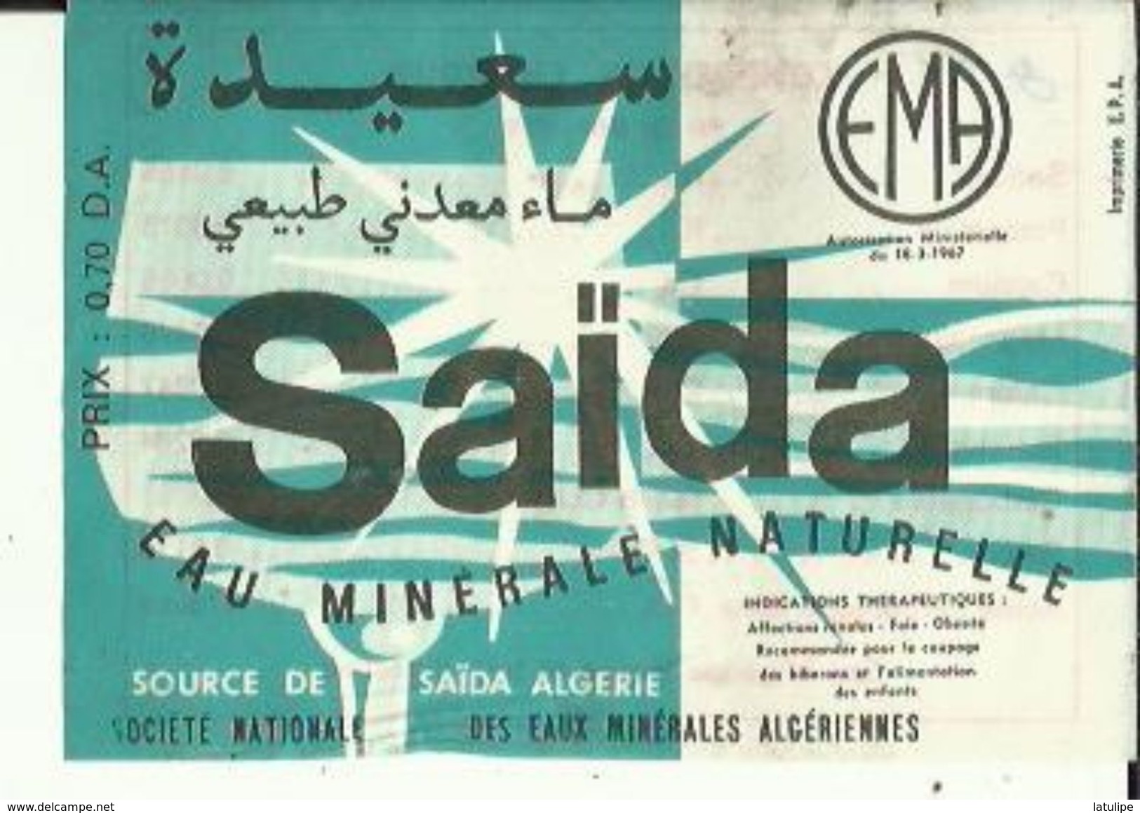 Fiche-Etiquette De Publicité De Source SAIDA _Eau Minerale  Naturelle De Sté Nationale Des Eaux Algeriennes Voir Scan - Werbung