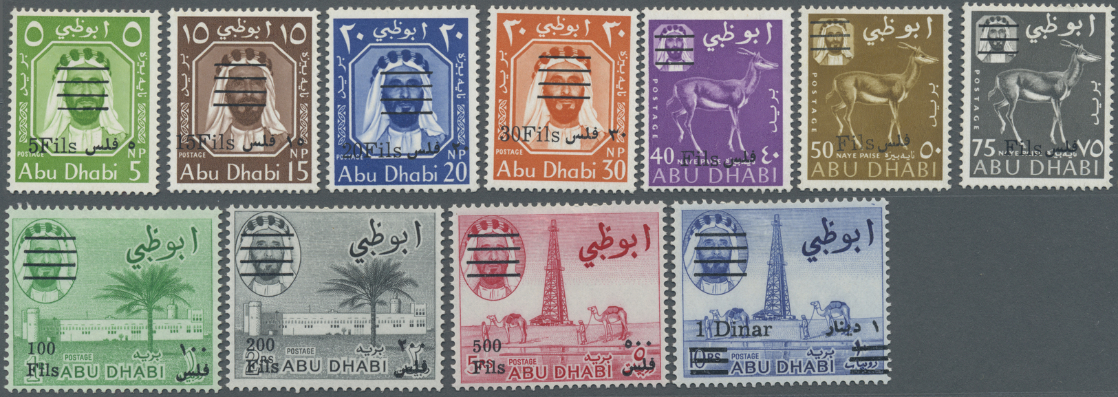 * Abu Dhabi: 1966, Revaluation Overprints, Complete Set Of Eleven Values Mint O.g. With Hinge Remnants. - Abu Dhabi