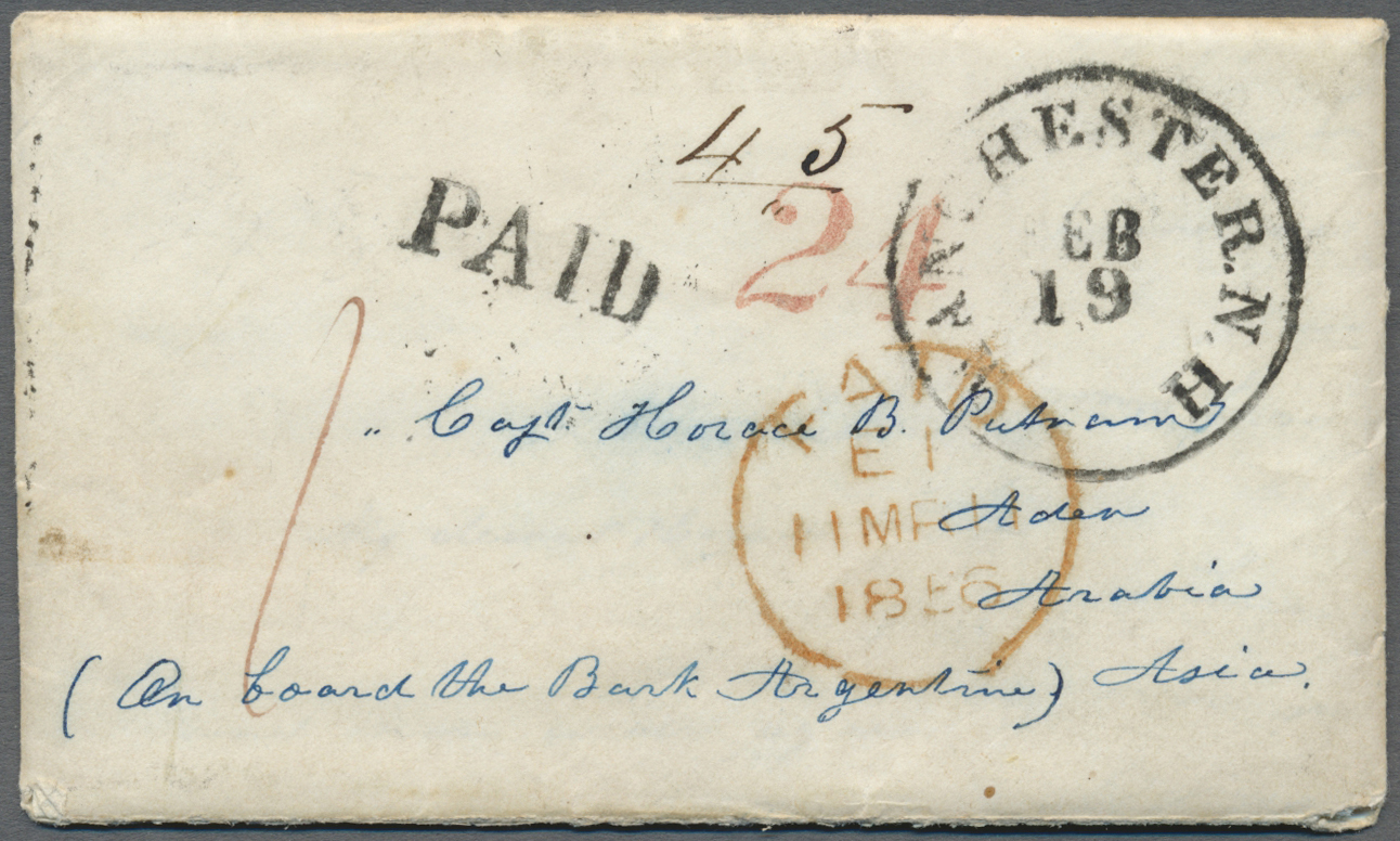 Br Aden: 1856, Early Incoming Mail: The Earliest Known Inward Letter From The U.S.A., 1856 Stampless Envelope With Enclo - Yémen