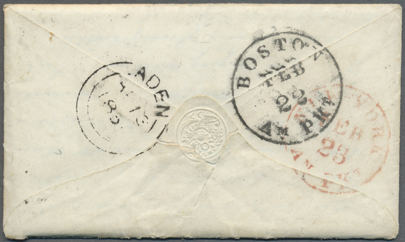 Br Aden: 1856, Early Incoming Mail: The Earliest Known Inward Letter From The U.S.A., 1856 Stampless Envelope With Enclo - Yémen