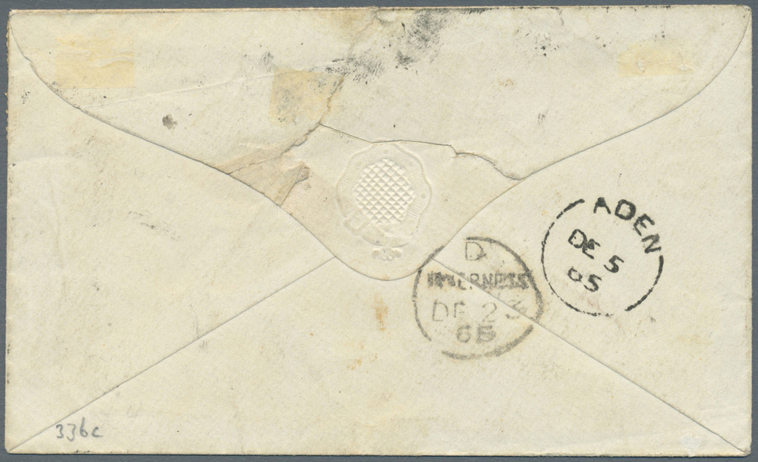 Br Aden: 1865 Cover From ADEN To Inverness, Scotland Franked With India 1865 4a. Green, 2a. Orange And 8p. Purple Each C - Yémen