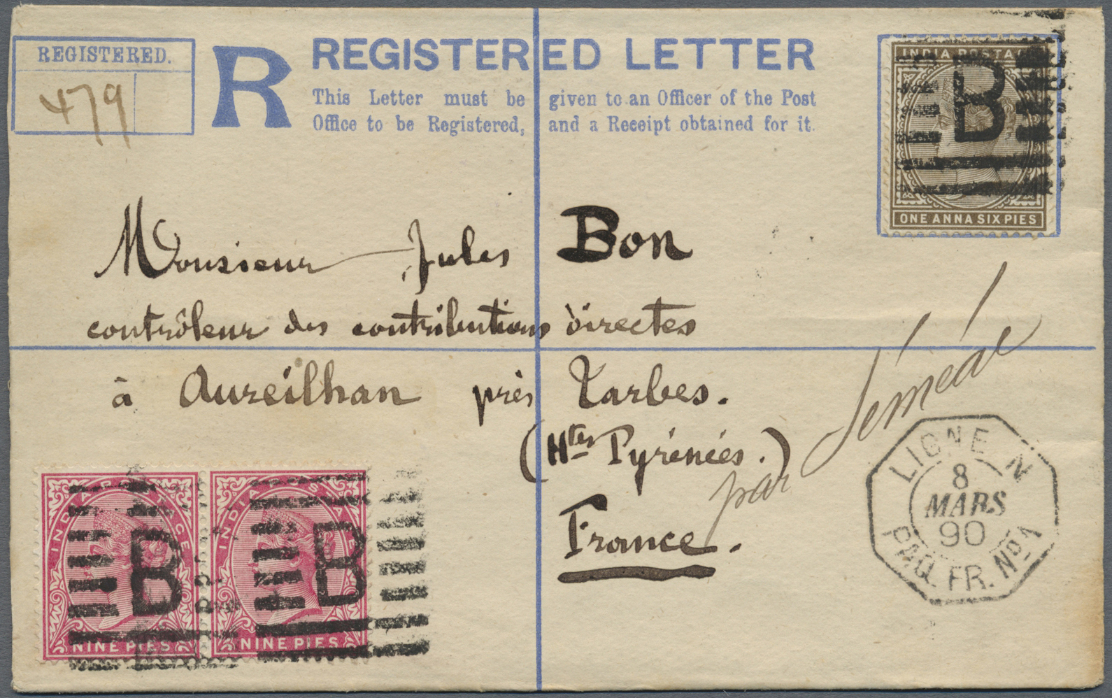 GA Aden: 1890. Registered Postal Stationery Envelope Two Annas Blue Upgraded With India SG 86, 9p Rose (pair) And SG 88, - Yémen