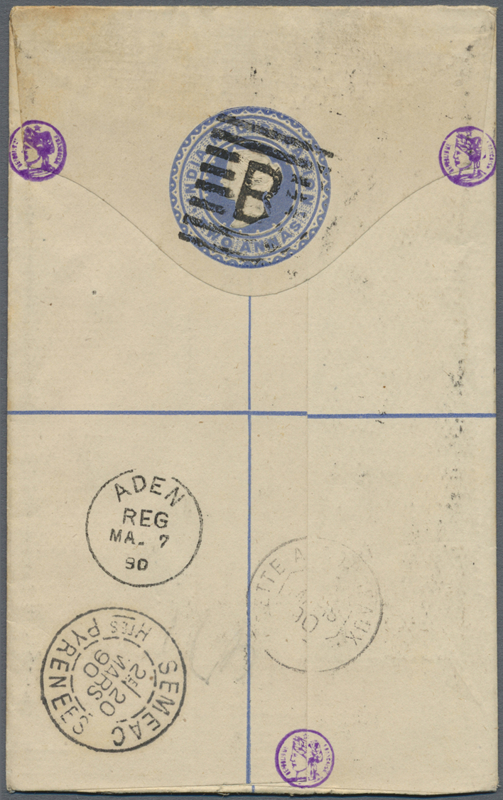 GA Aden: 1890. Registered Postal Stationery Envelope Two Annas Blue Upgraded With India SG 86, 9p Rose (pair) And SG 88, - Yemen