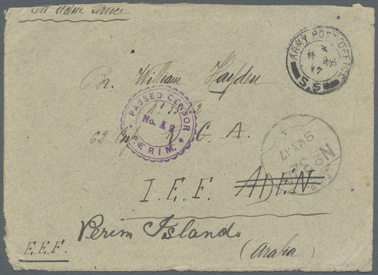 Br Aden: 1917 "PASSED CENSOR No. A9 PERIM" Circled H/s In Violet On Stampless Internal 'On Active Service' Cover (shorte - Yemen