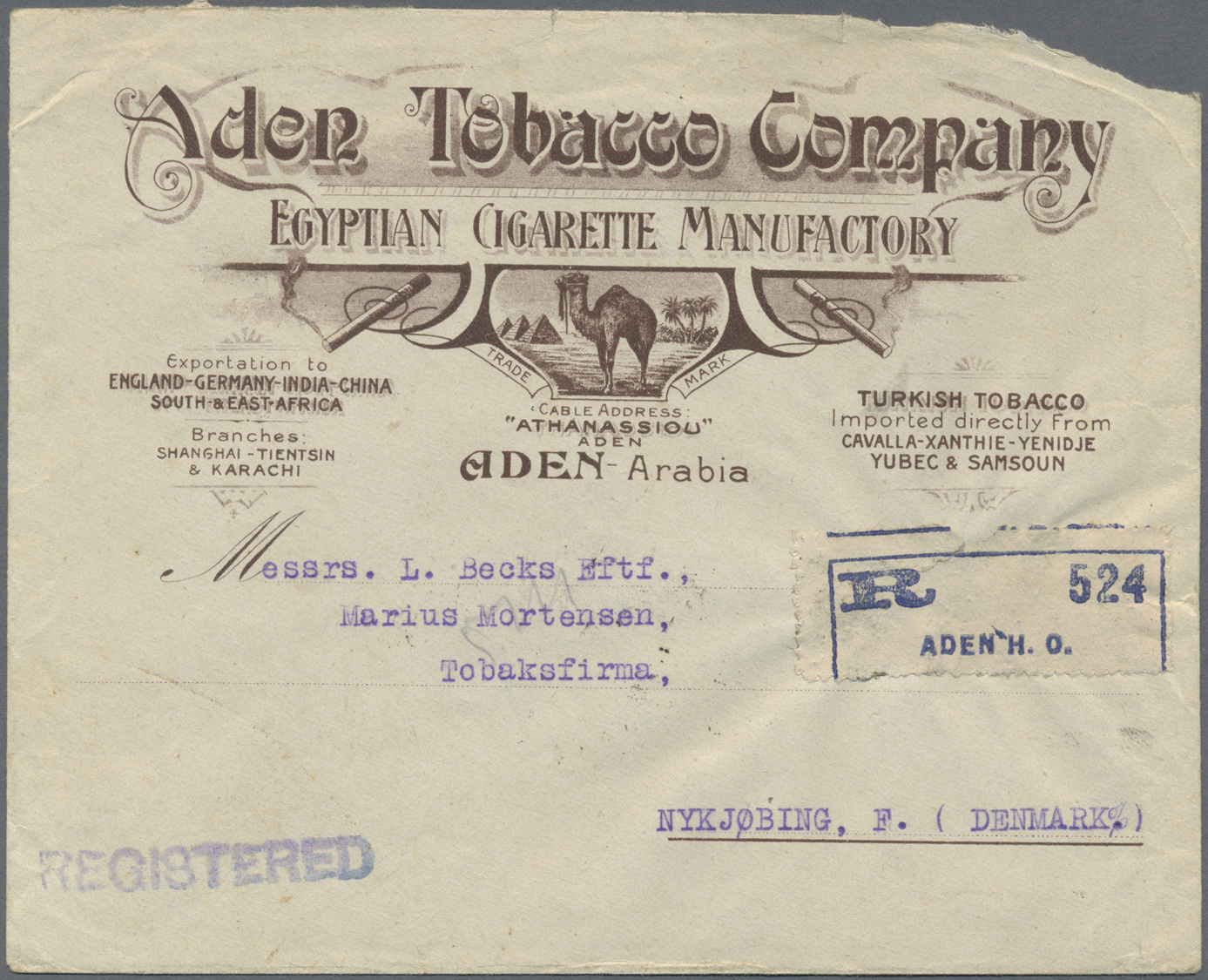 Br Aden: 1923 Illustrated 'Aden Tobacco Company' Cover Sent Registered To Denmark Via London, Franked On Reverse By Indi - Yemen