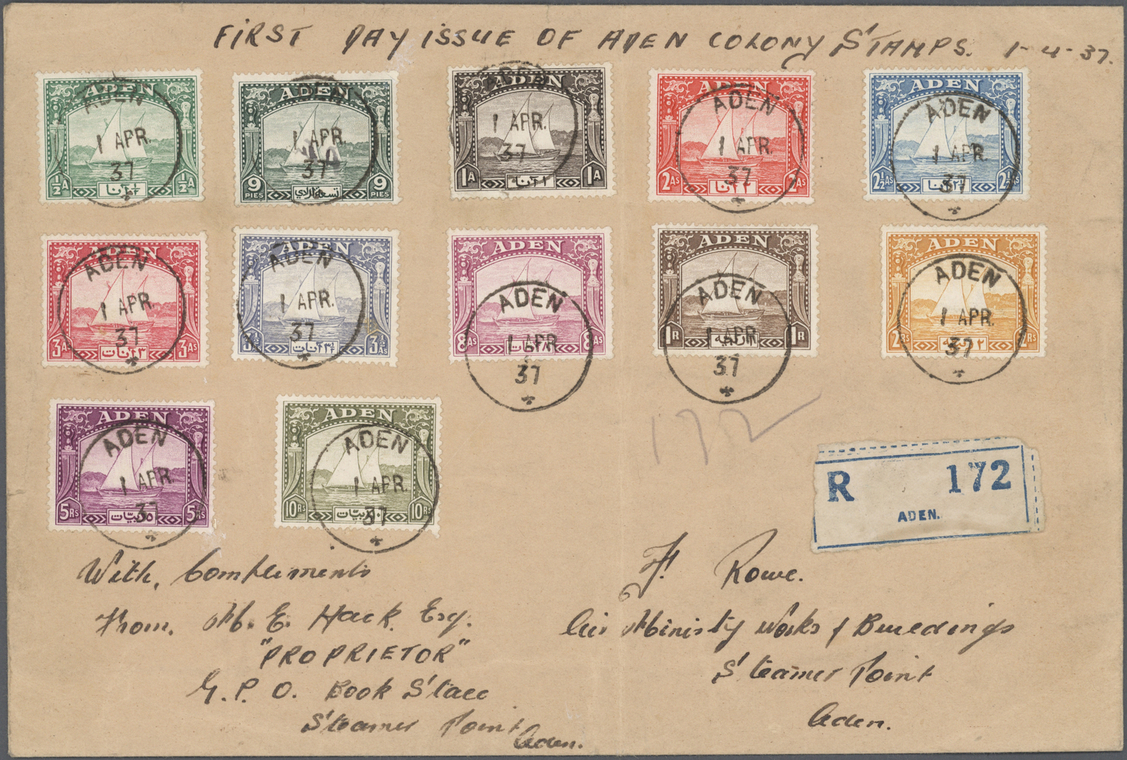 Aden: 1937 Dhows Complete Set To 10r. On Plain Registered FDC Addressed Locally Steamer Point Aden, Each Stamp Tied By S - Yémen