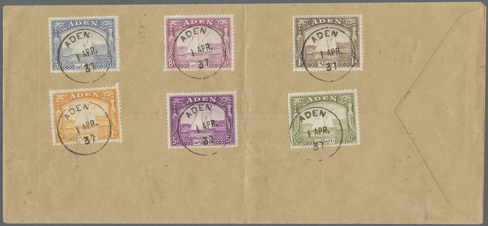 Aden: 1937 (1.4.), Dhow Definitives Complete Set To 10r. On Front And Reverse Of Cover Used On First Day Within Aden, Ve - Yémen