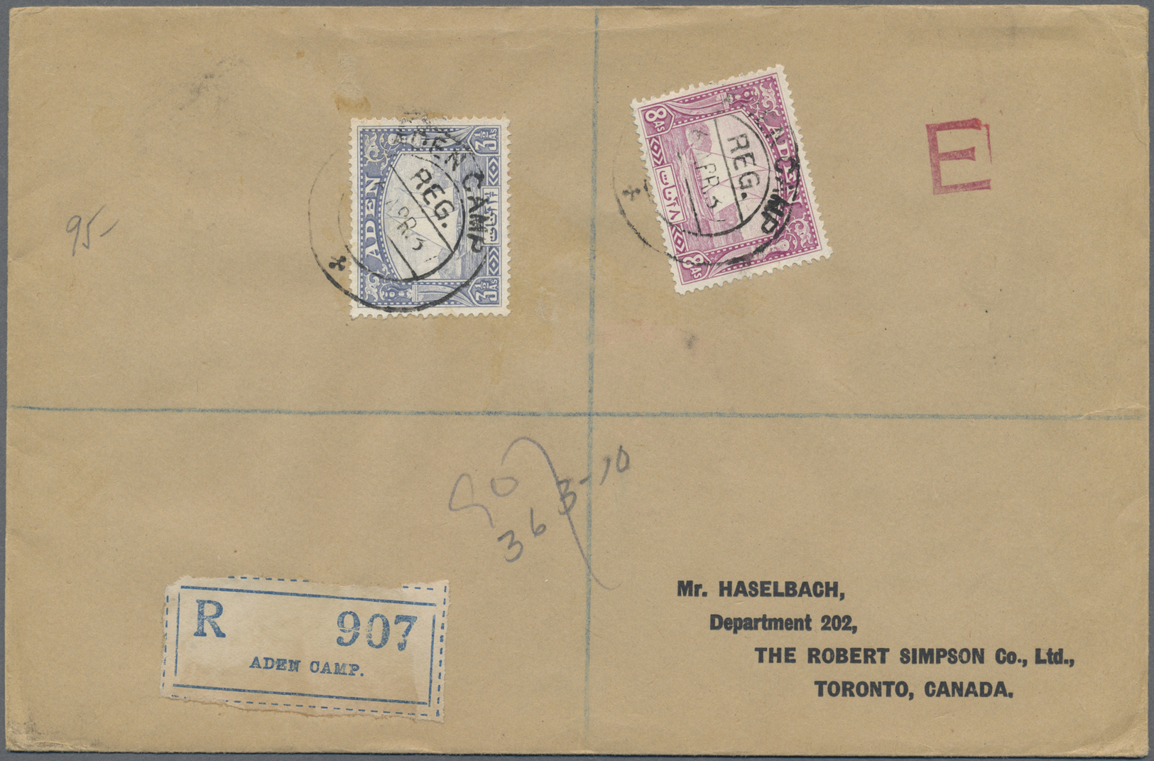 Br Aden: 1937 Registered Cover From Aden-Camp To Toronto, CANADA Franked By Dhows 3½a. And 8a. Tied By "ADEN-CAMP/REG./6 - Yémen