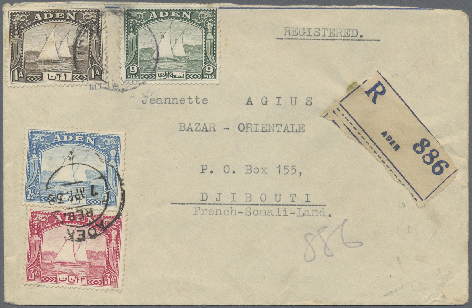 Br Aden: 1938 Registered Cover From Aden To DJIBOUTI, Franked 1937 Dhows 3a., 2½a., 1a. And 9p. Tied By "ADEN/REG./7 APR - Yemen