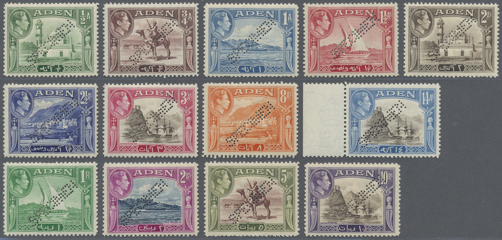 Aden: 1939-48 KGV. Complete Set Of 13 Perforated SPECIMEN, Mounted Mint Or Mint Never Hinged, Fresh And Very Fine. (SG £ - Yemen