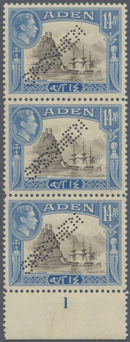 Aden: 1939-48 KGV. 14a. Sepia & Light Blue, Vertical Strip Of Three All Perforated SPECIMEN, With Lower Sheet Margin And - Yemen