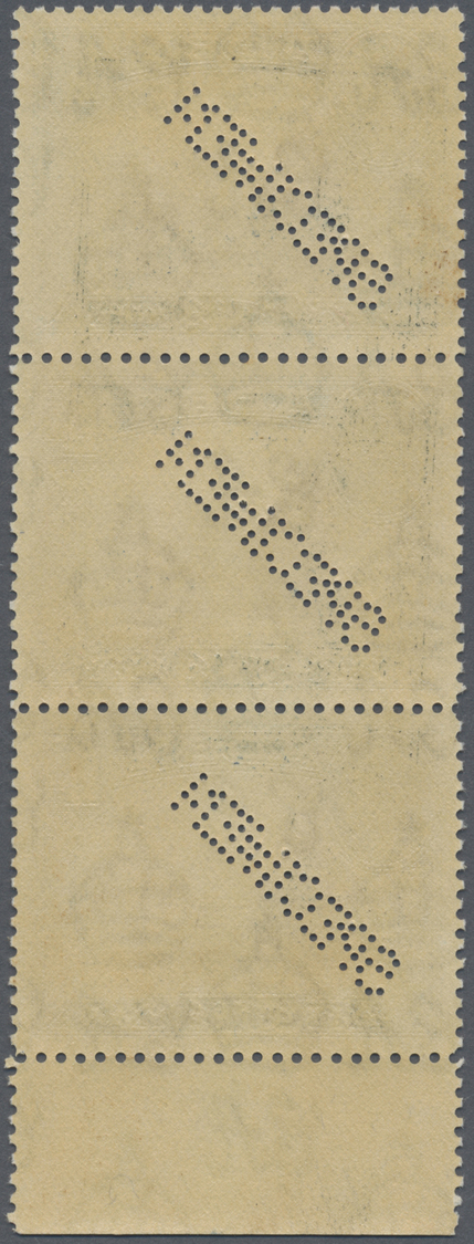 Aden: 1939-48 KGV. 14a. Sepia & Light Blue, Vertical Strip Of Three All Perforated SPECIMEN, With Lower Sheet Margin And - Yemen