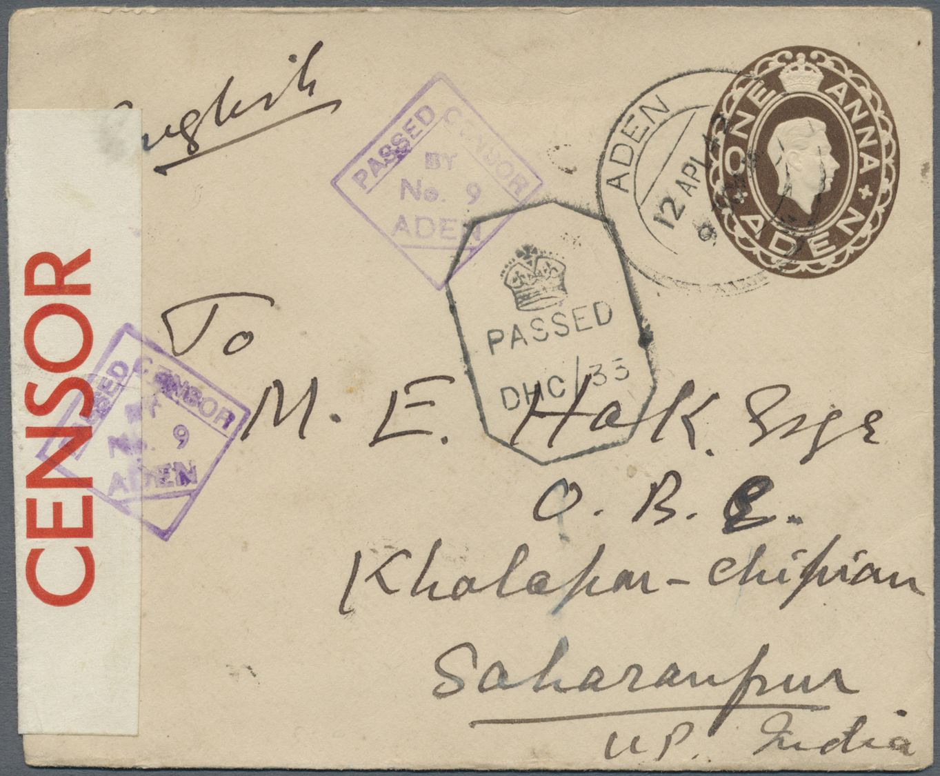 GA Aden: 1942. Aden 'One Anna' Brown Postal Stationery Envelope Cancelled By Aden Double Ring Addressed To India With 'O - Yémen