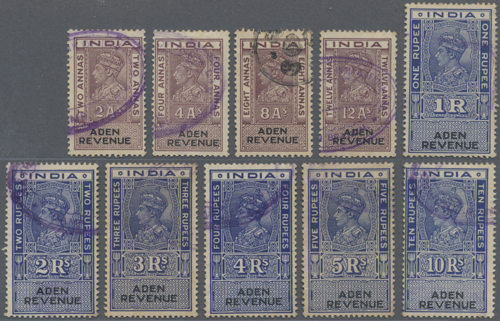 O Aden: 1945 REVENUE: Set Of 10 KGVI. Revenue Stamps, Complete Short Set To 10r. Except 3a., Used And Cancelled With Fis - Yémen