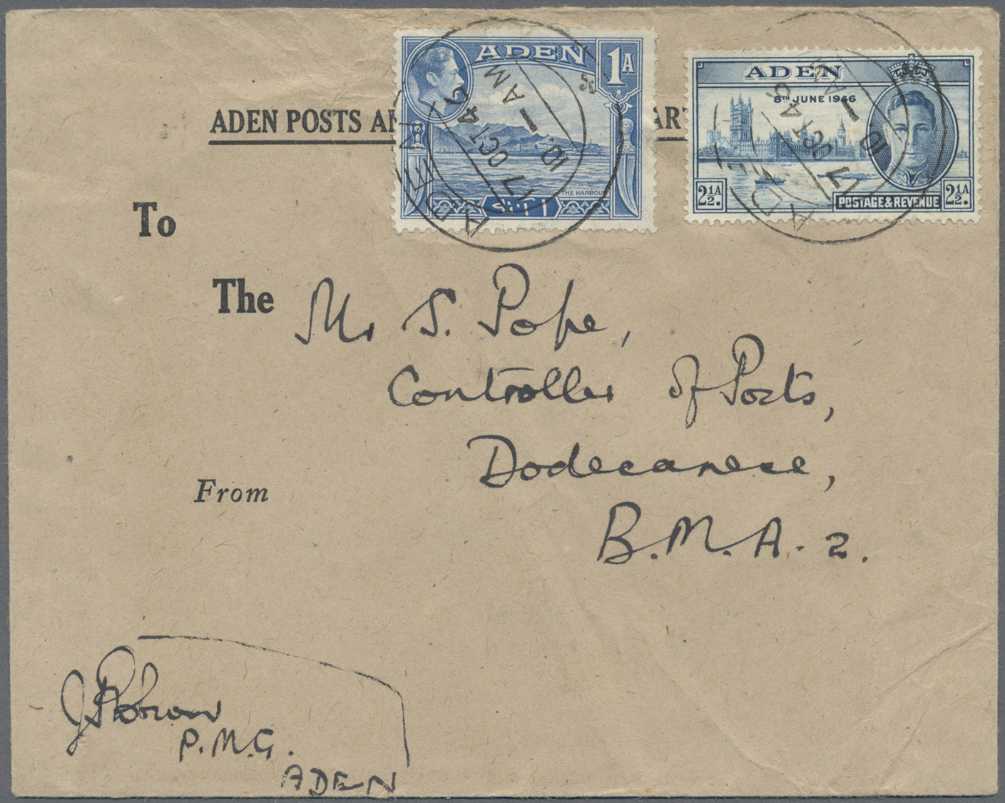 Br Aden: 1946: Cover From The P.M.G. Aden (Aden P&T Dept. Envelope) To The Controller Of Posts, Dodecanese, B.M.A. Frank - Yemen