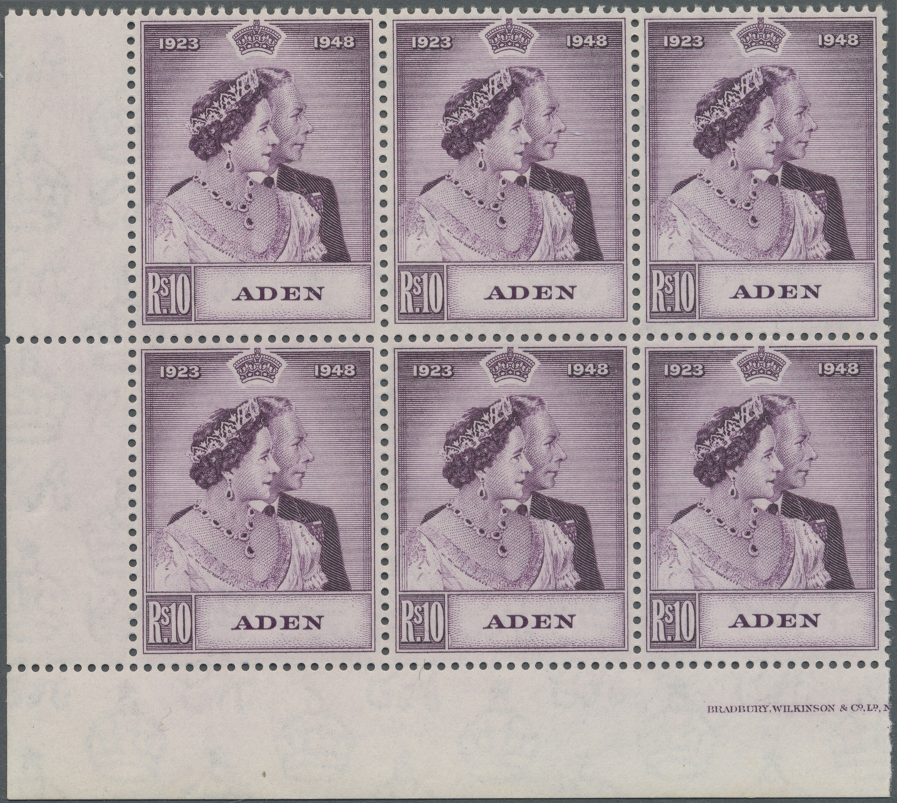 ** Aden: 1948, Royal Silver Wedding 10r. Mauve Block Of Six From Lower Left Corner, Mint Never Hinged, SG. £ 240 ++ - Yemen