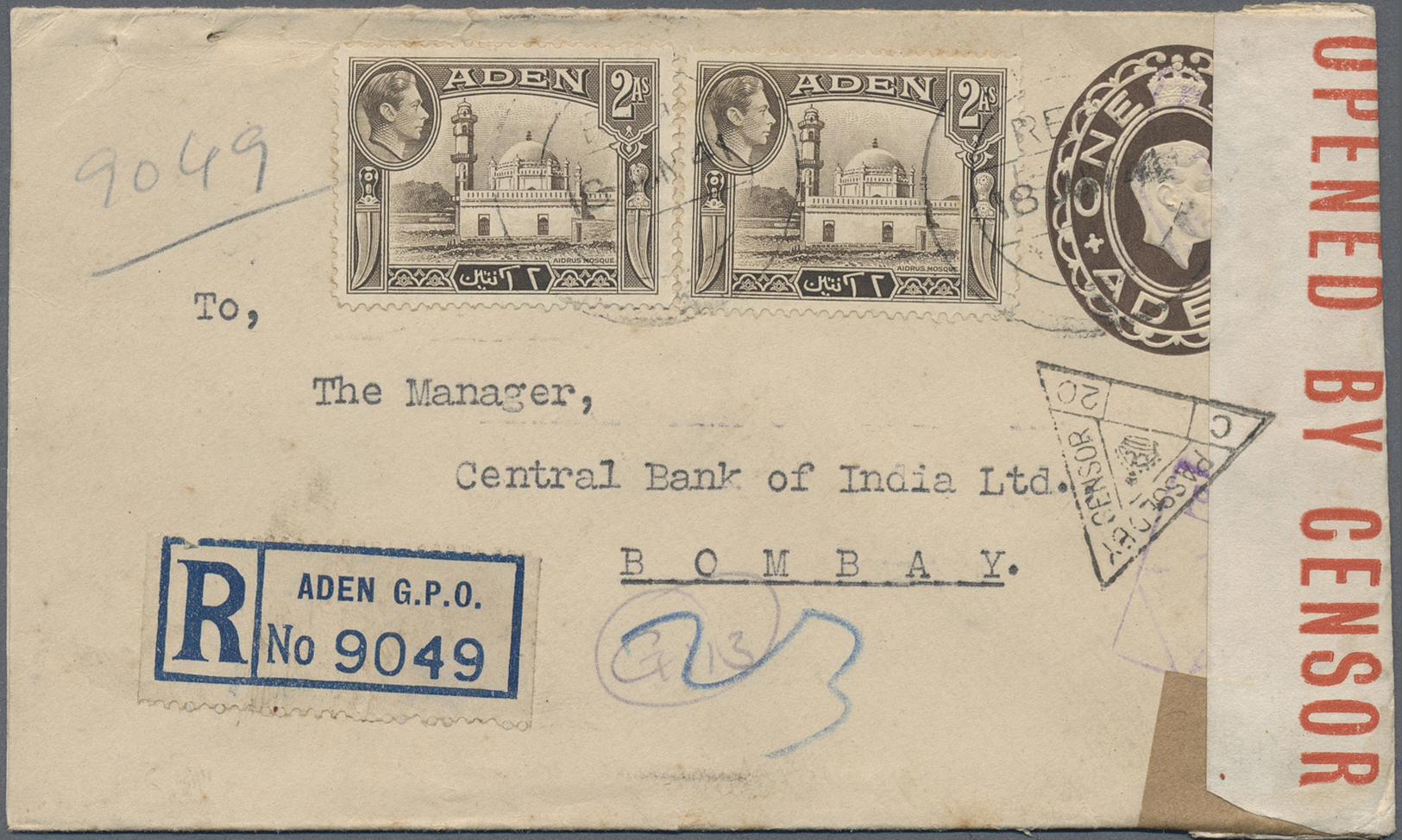 GA Aden: 1951. Registered Air Mail Postal Stationery Envelope 'one Anna' Brown Upgraded With SG 20, 2a Brown (2) Tied By - Yemen