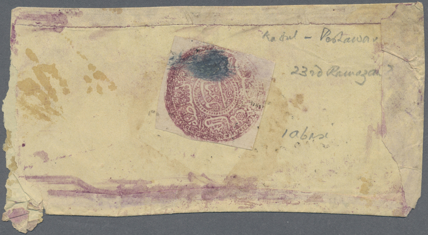 Br Afghanistan: 1880/90. Native Envelope (faults) From Kabul To Peshawar Bearing 1 Abasi Purple On Cream Paper Tied By B - Afghanistan