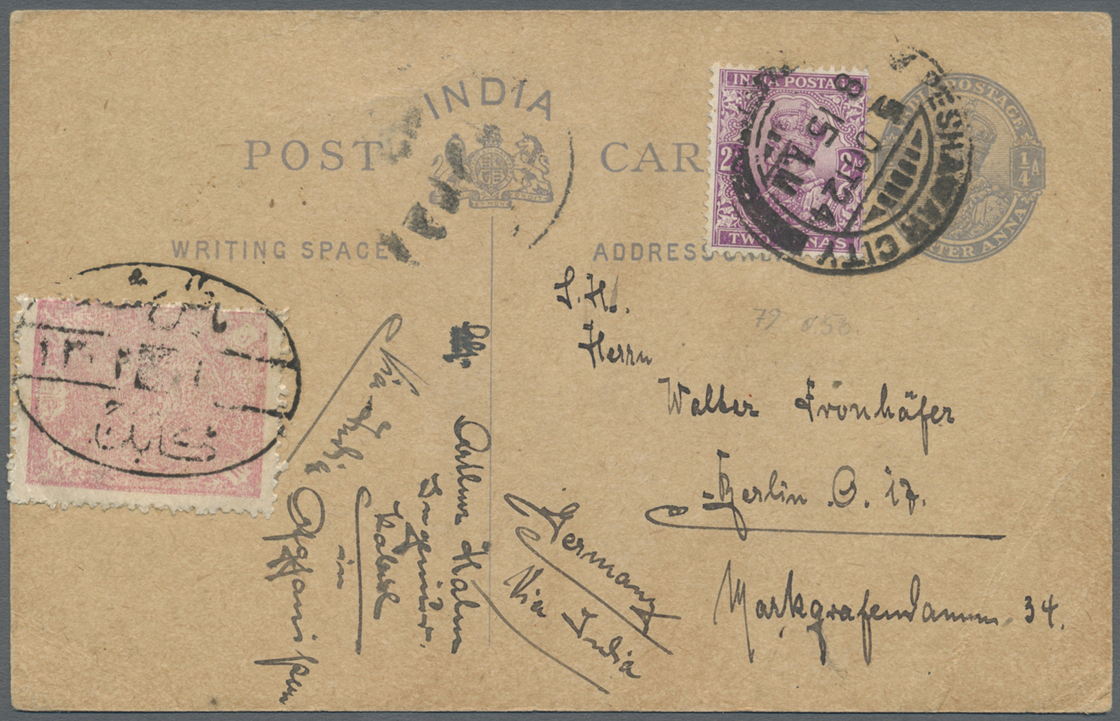 GA Afghanistan: 1924 Indian KGV. Postal Stationery Card ¼a. Used From Dar-ul-Aman To Berlin, Germany Via Landikhana And - Afghanistan