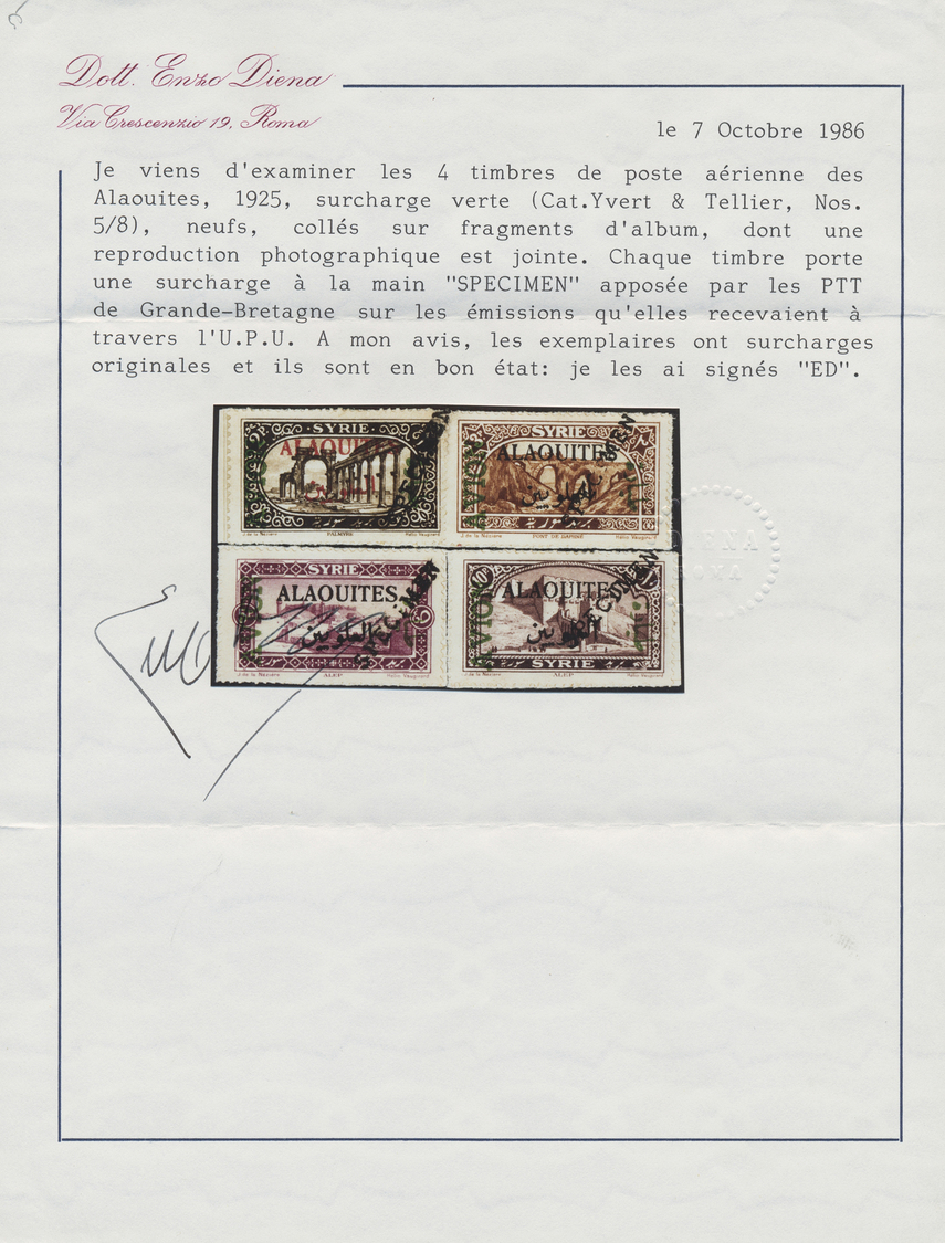 Alawiten-Gebiet: 1925, Air Mail Issue Four Values Tied By U.P.U. Oneliner "SPECIMEN" In Black, Mounted On Card, Fine And - Lettres & Documents