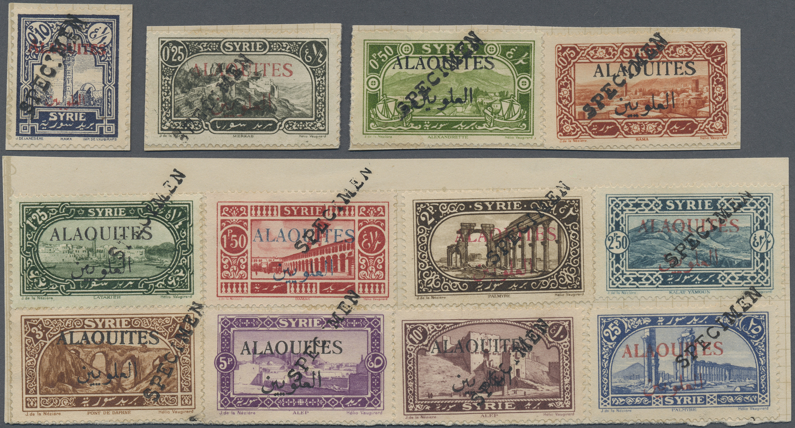 Alawiten-Gebiet: 1925, Ancient Ruins Issue 12 Values Tied By U.P.U. Oneliner "SPECIMEN" In Black, Mounted On Card, Fine - Lettres & Documents