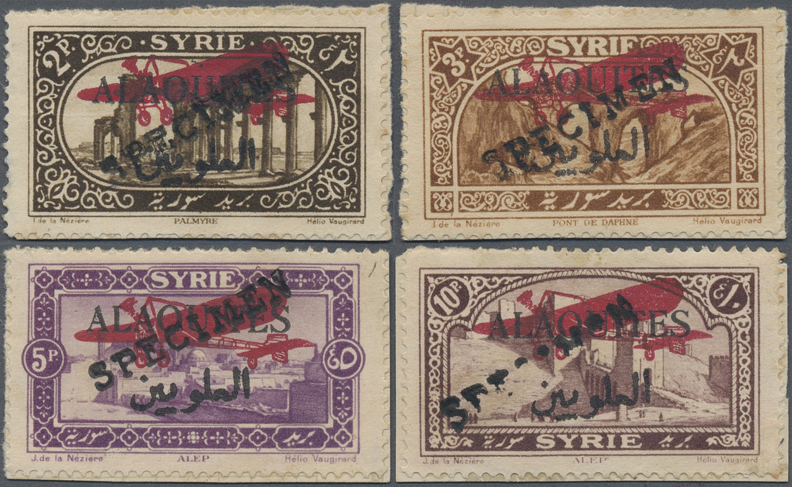 Alawiten-Gebiet: 1926, Air Mail Issue Four Values Tied By U.P.U. Oneliner "SPECIMEN" In Black, Mounted On Card, Fine And - Covers & Documents