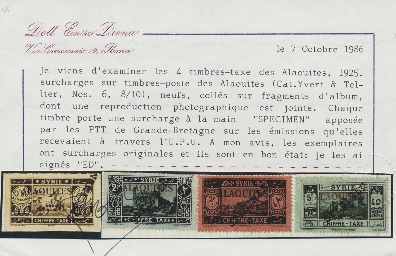 Alawiten-Gebiet - Portomarken: 1925, Postage Due Issue Four Values Tied By U.P.U. Oneliner "SPECIMEN" In Black, Mounted - Other & Unclassified