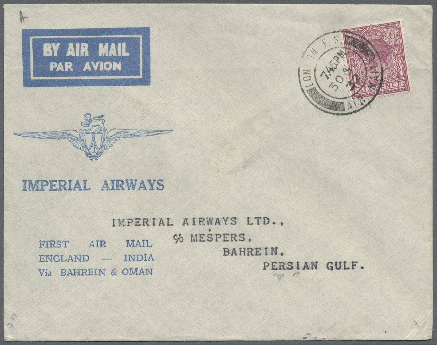 Br Bahrain: 1932 Two Different First Flight Covers From London To Bahrain, Both With '30 SP 32' Despatch Datestamps (Lon - Bahrain (1965-...)