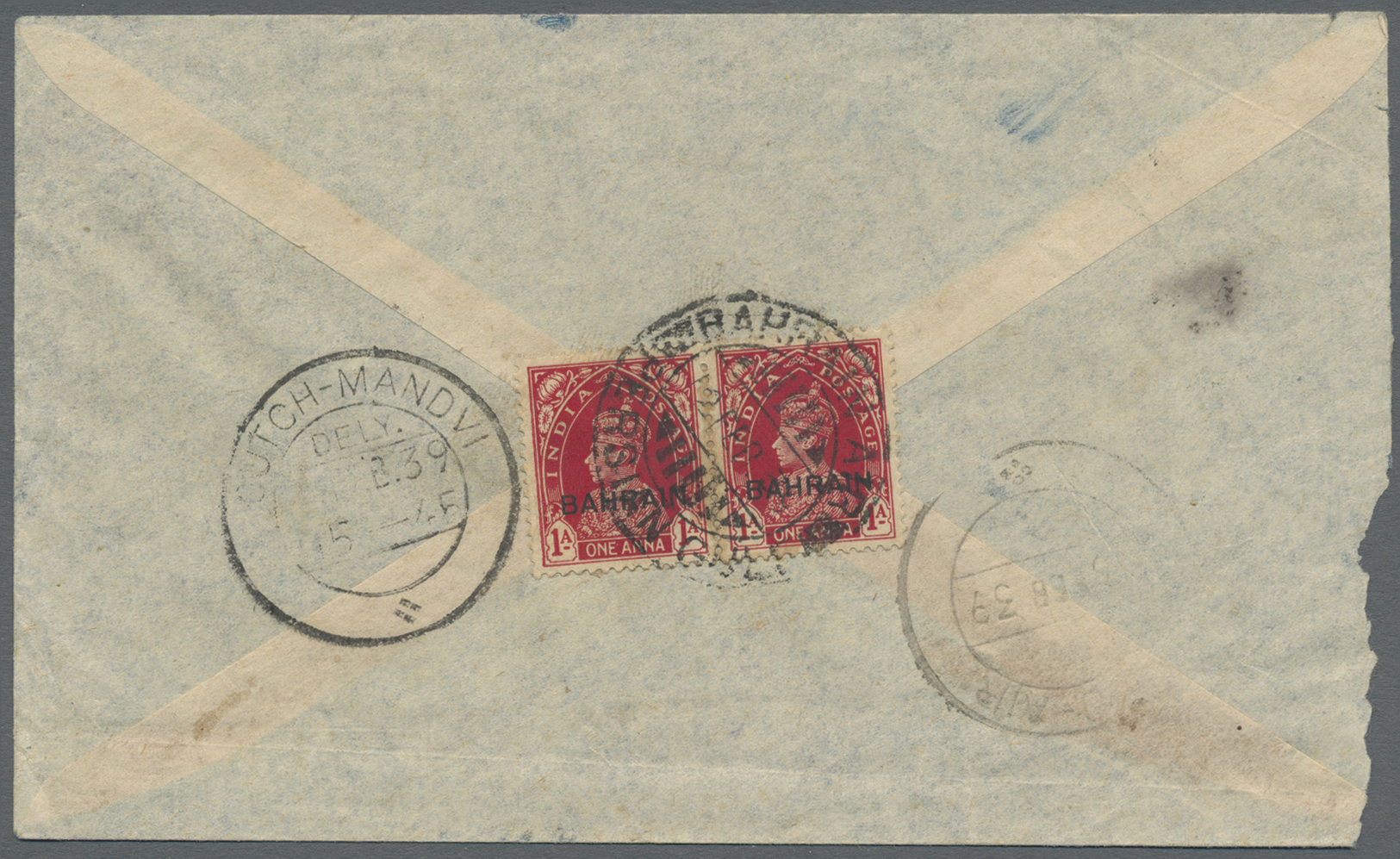 Br Bahrain: 1932-39: Four covers from Bahrain to Cutch-Mandvi, India, with 1932 cover franked India (un-overprinted) KGV