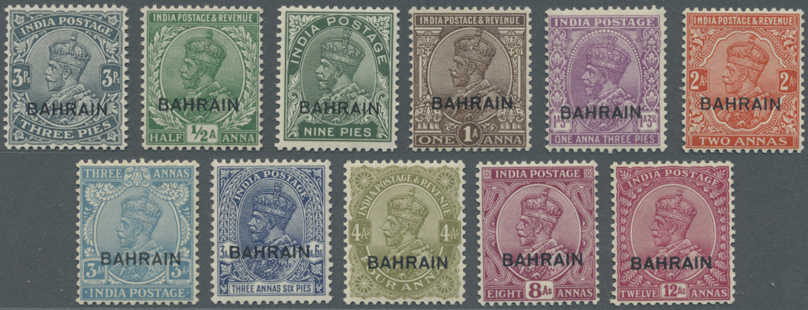 **/* Bahrain: 1933-37 KGV. Complete Set To 5r., The 5r. As Marginal Corner Stamp With Wmk Inverted, Plus Four Values (½a - Bahrain (1965-...)