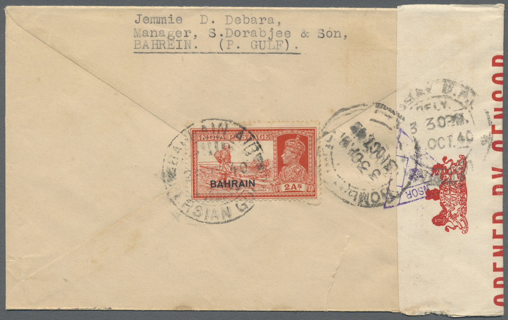 Br Bahrain: 1941-43, Three Censored Airmail Covers To India With Censore Strips And Triangle Handstamps "C-14" (violet), - Bahrain (1965-...)